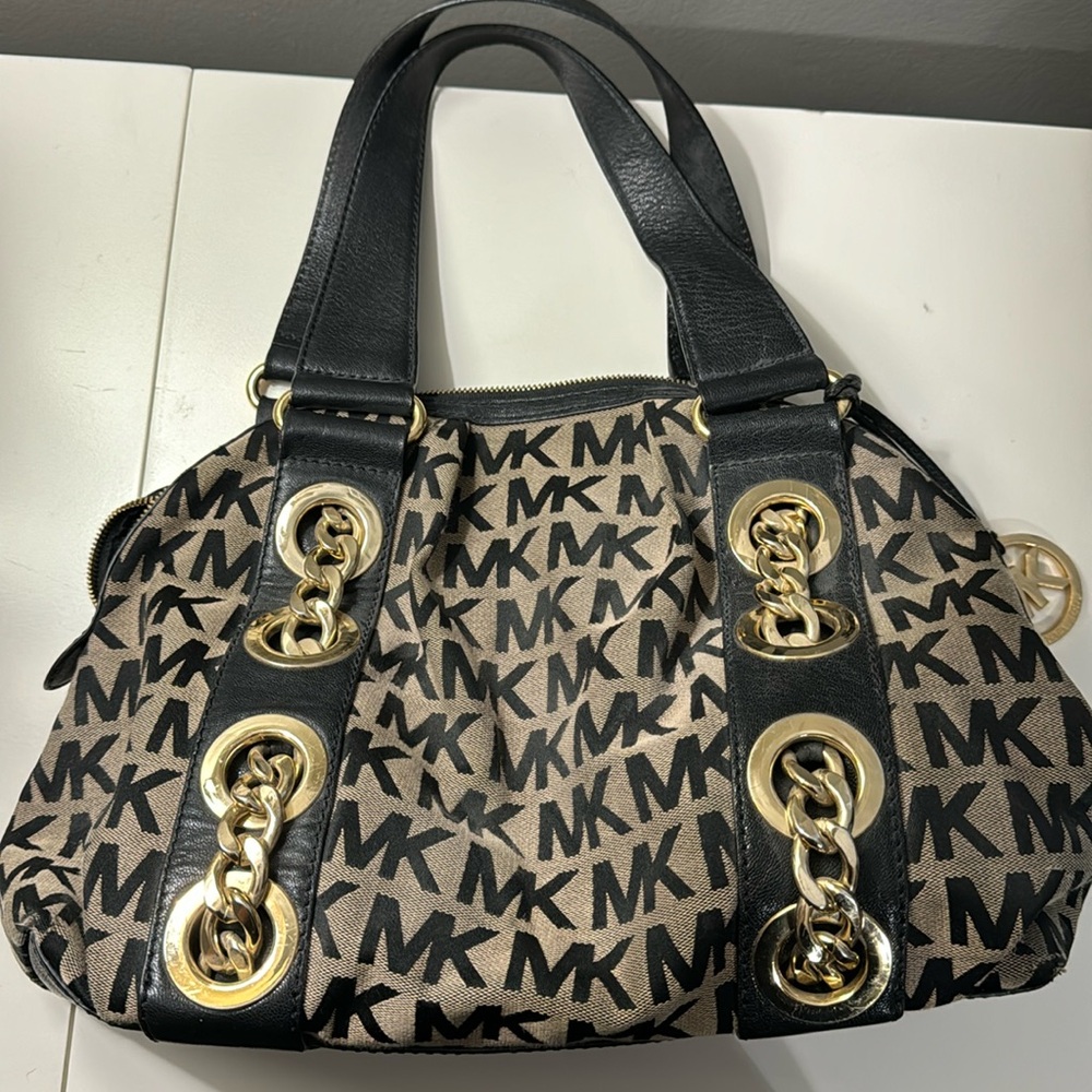 Michael Kors Black and Tan Purse with Gold Chains